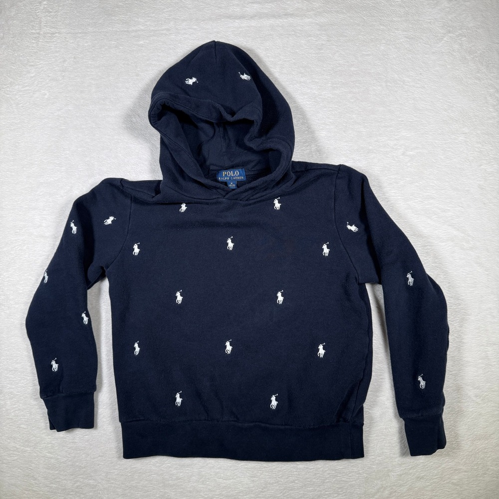 Polo Ralph Lauren Navy All Over Pony Logo Hoodie Sweatshirt‎ Youth Size M 10-12